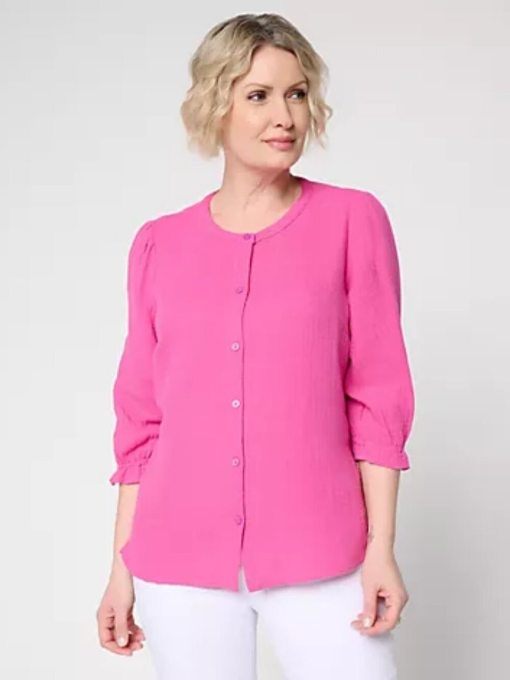 Denim & Co. Beach Gauze Button Front 3/4 Sleeve Top, Pink Sz M a724191